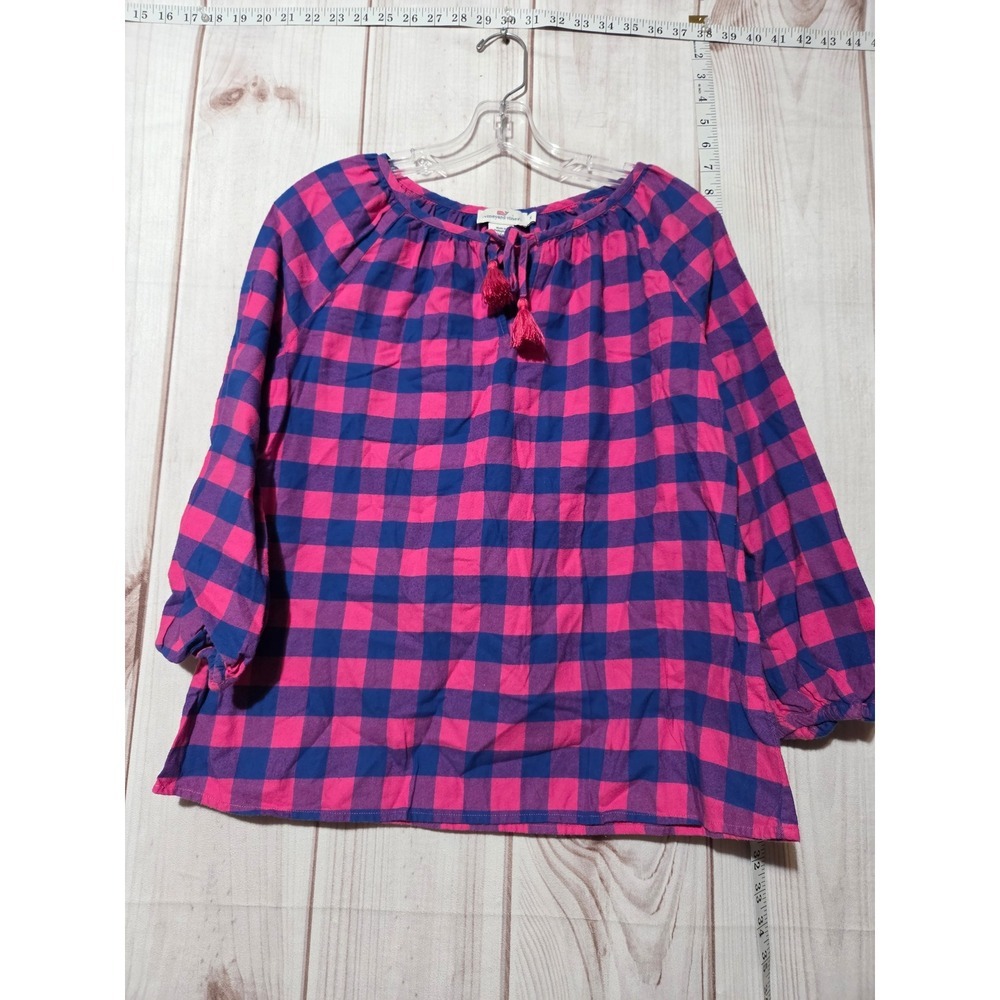 Ladies Small Pink Blue Plaid Blouse Tunic Top 3/4 Sleeve Tie Neck Flannel
